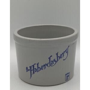 The Haberdashery Adv. Crock Vintage Stoneware Cheese Butter Crock Blue & White